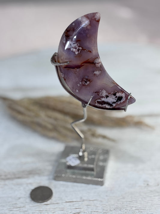 Blue Flower Agate Moon with Silver Stand